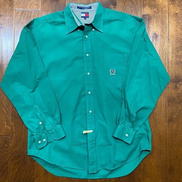 Tommy Hilfiger Vintage 90s Forest Green Button Front Shirt Cotton Men's Size XL - Picture 3 of 8
